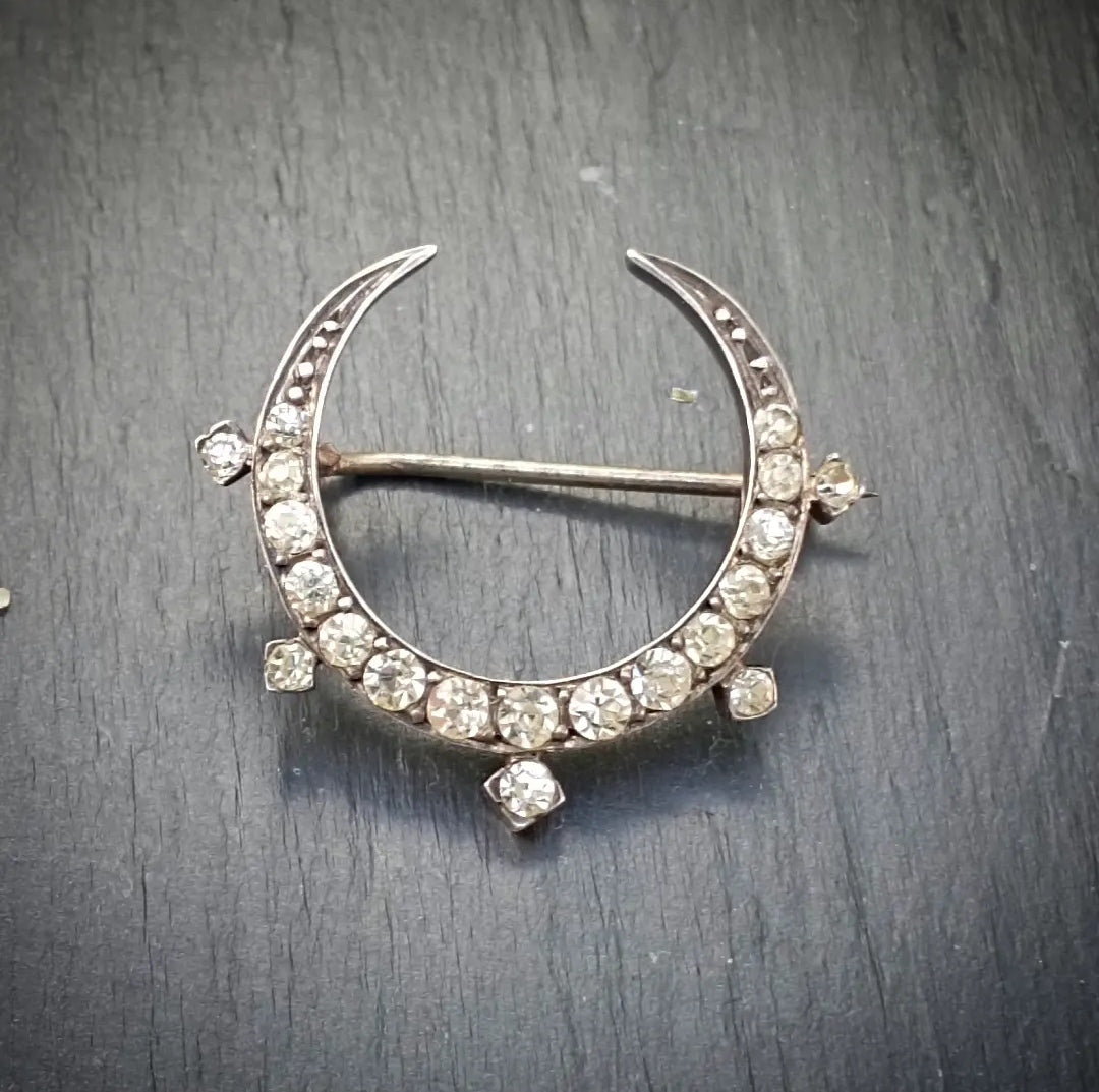 Broche ancienne croissant de lune en argent et pierres du Rhin ...