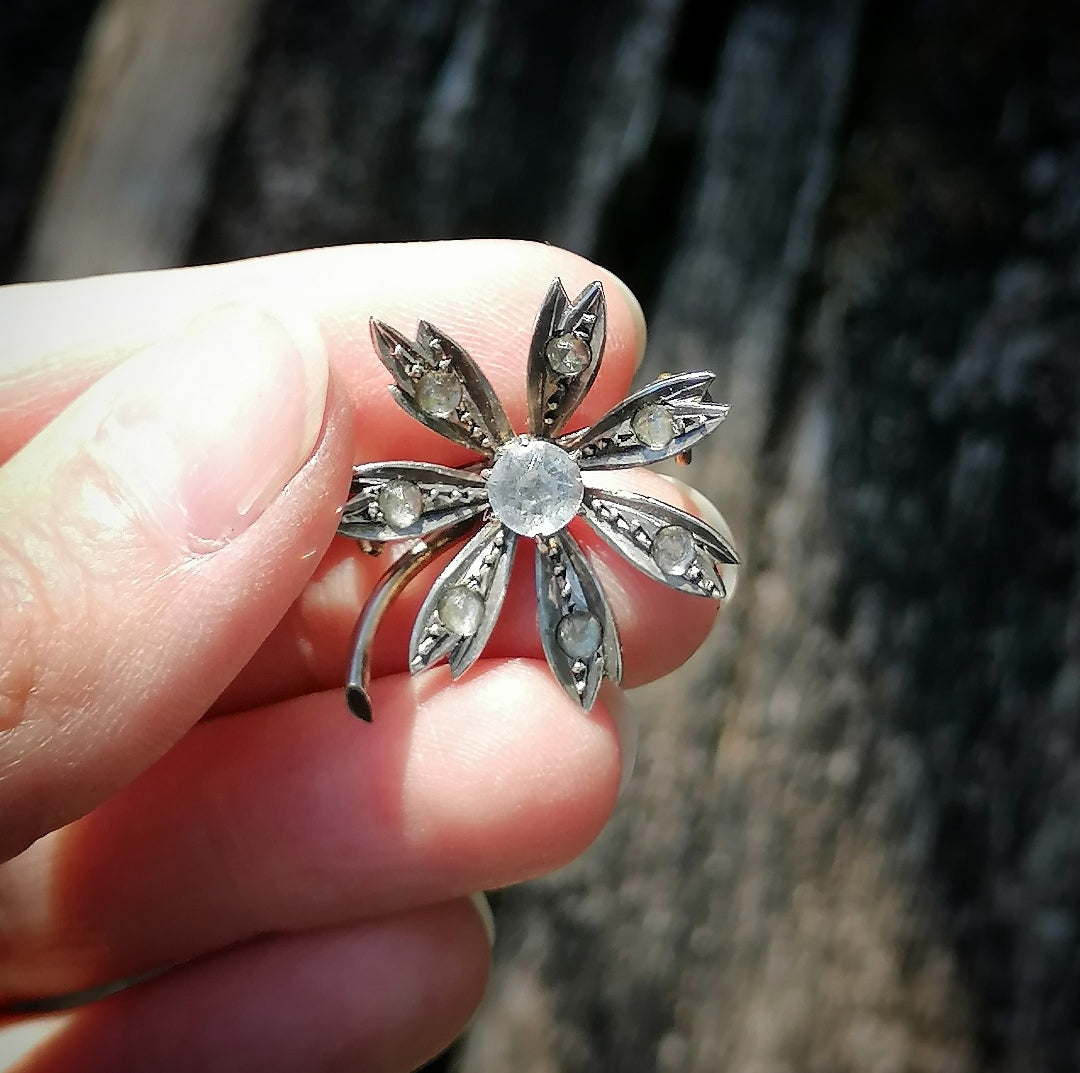 Broche florale ancienne en argent et pierres du Rhin