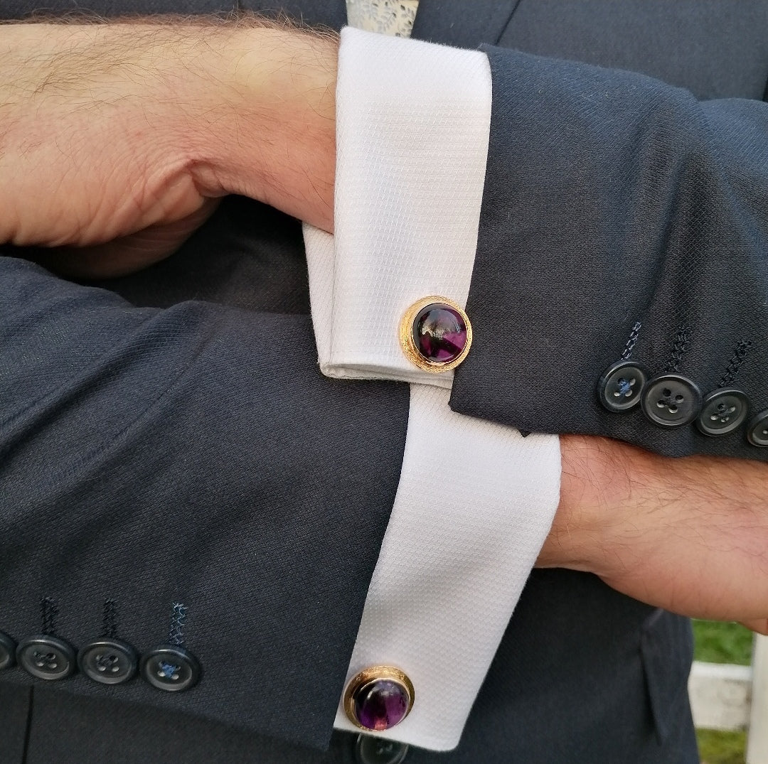 Boutons de manchette en or rose 18kt et améthyste